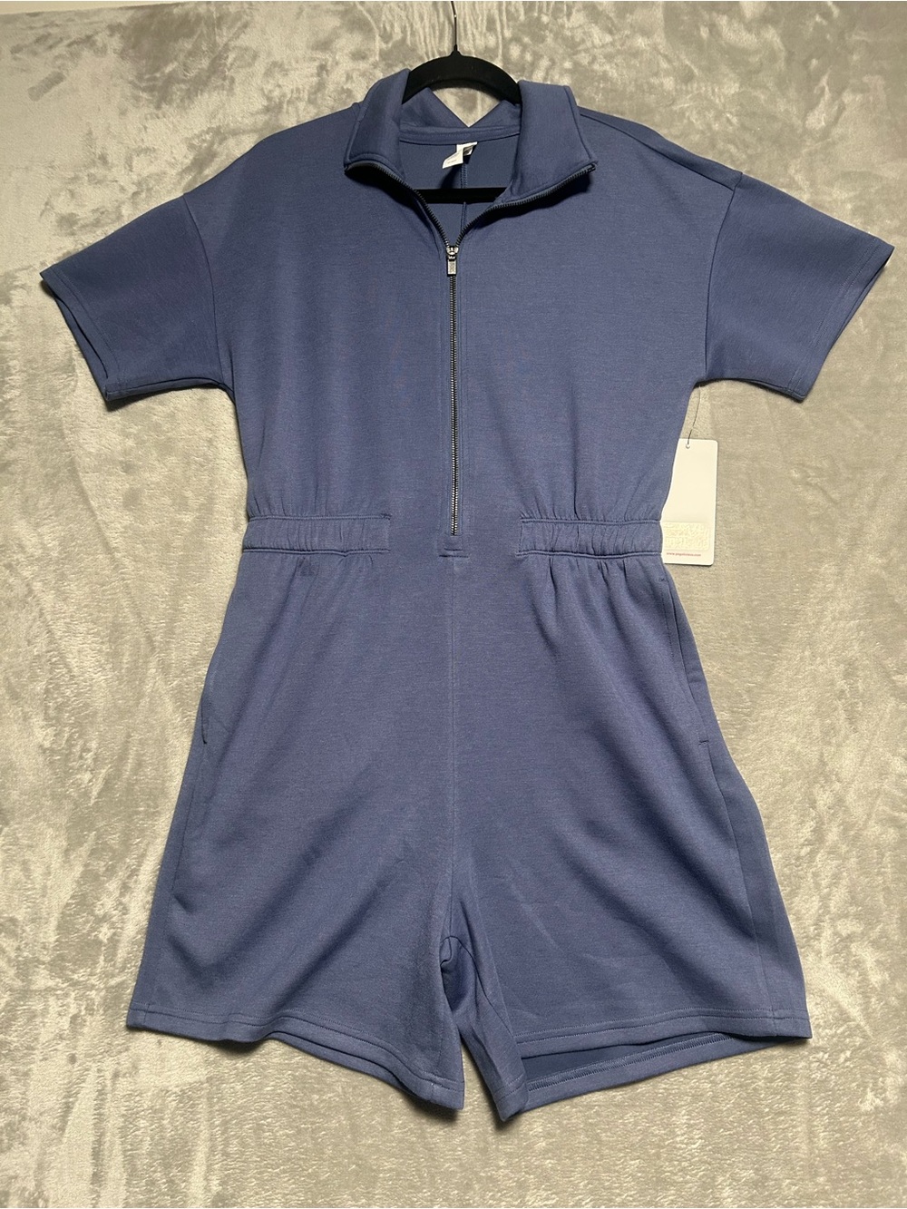 Yogalicious Scuba Sarah Romper Women’s Medium Blue Pockets Short Sleeve